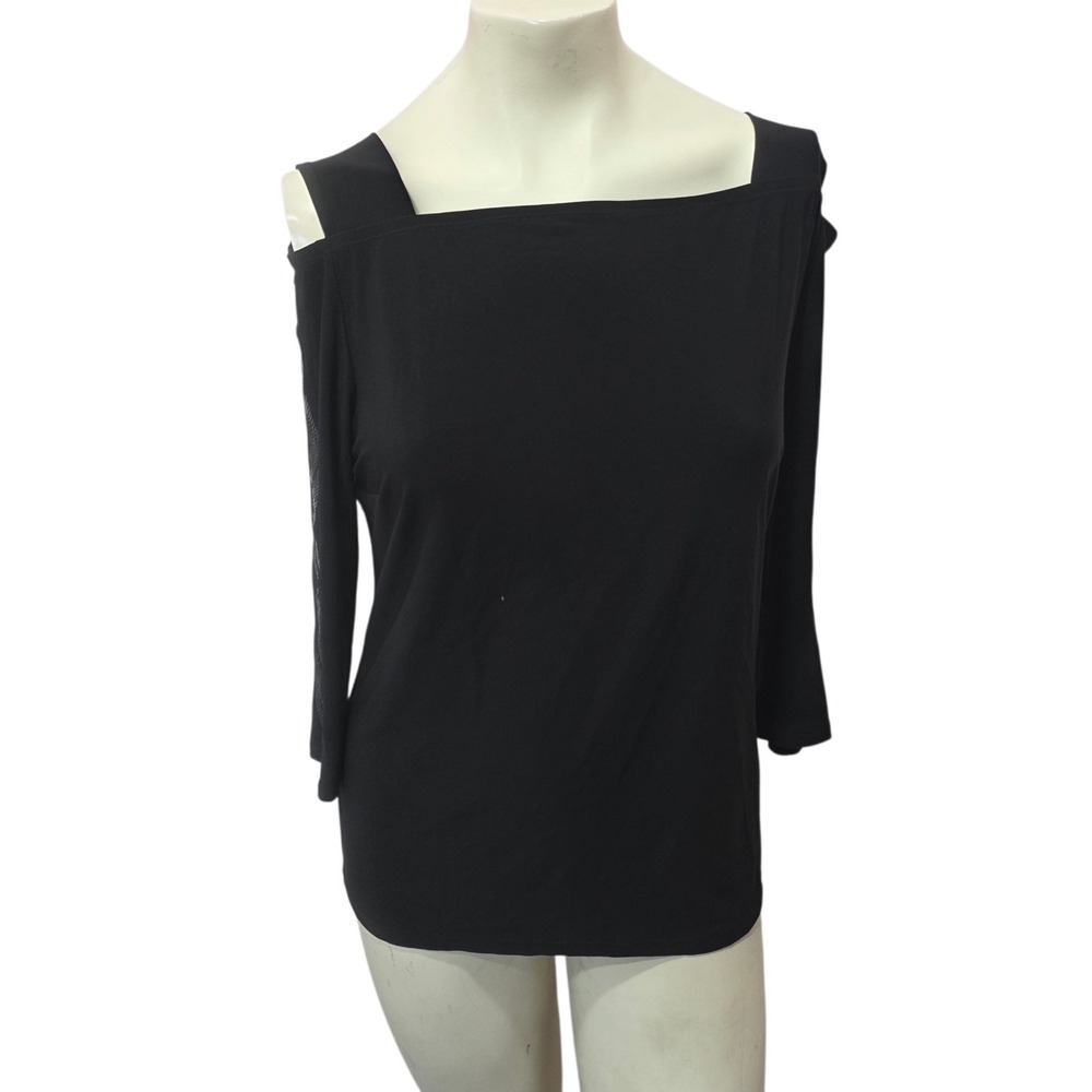 Joseph Ribkoff Black Cold Shoulder Sequin Sleeve Top 3/4 Sleeve Stretch Blouse